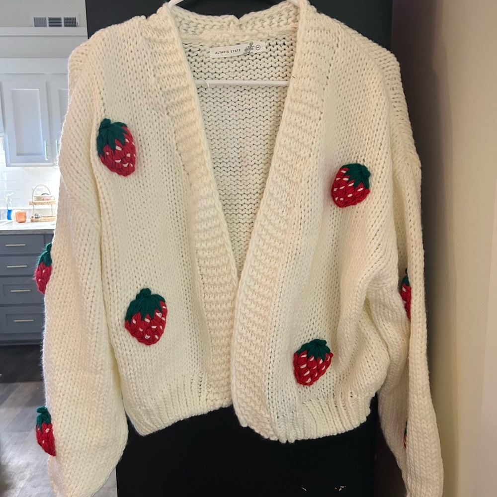 Altar'd State Cream Cardigan with Strawberry Embroidery